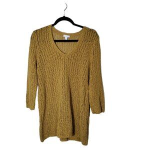 J Jill Women's Mustard Yellow Open Knit Sweater V Neck 3/4 Sleeve Size Medium